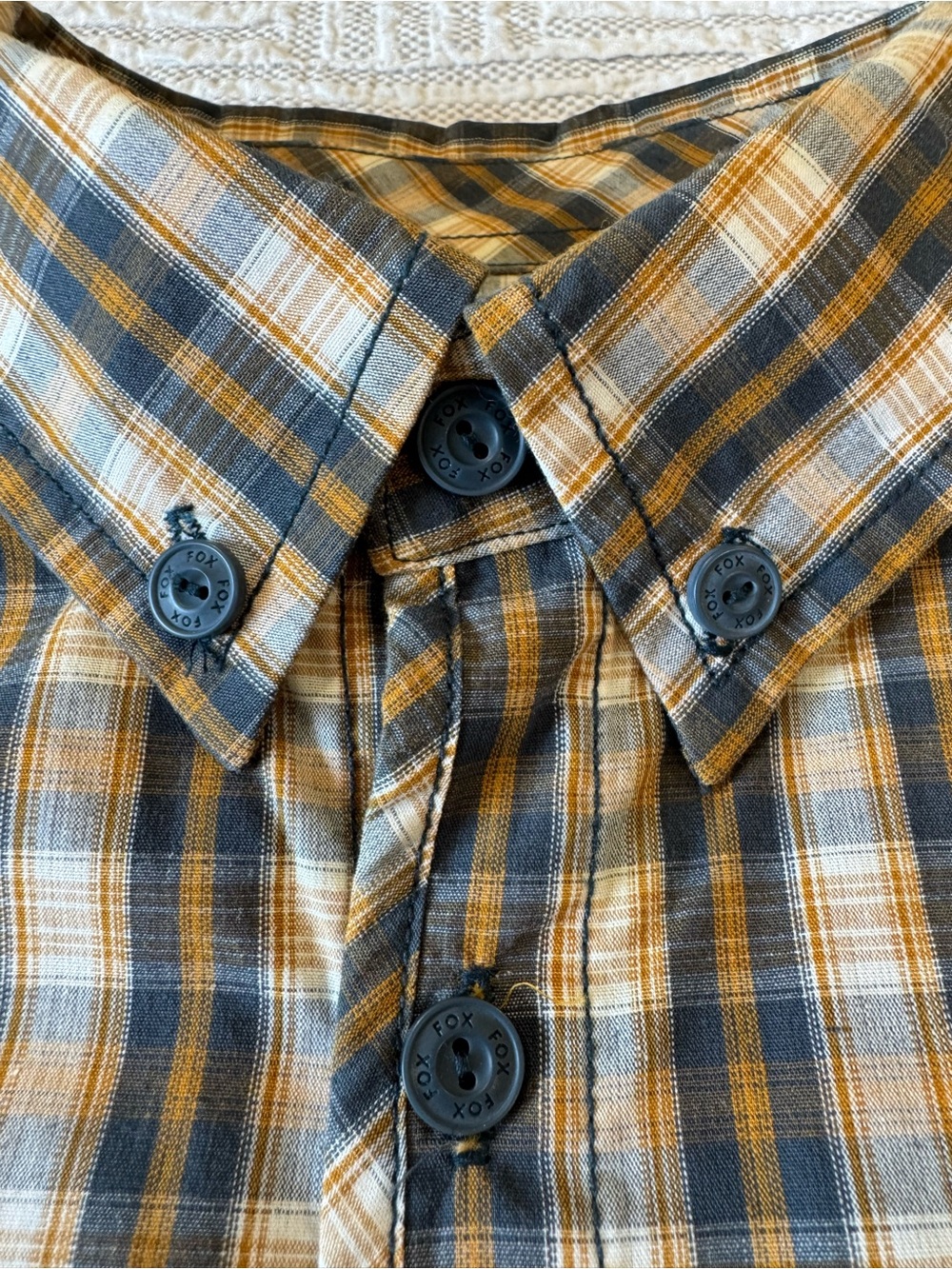 FOX Racing Men’s Plaid Short Sleeve Button-Down Shirt Large Mustard Yellow Grey - Picture 5 of 9